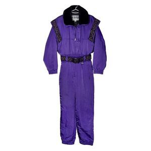 Vtg Fera Ski Suit Womens Snowsuit Faux Fur Vest Purple Embroidery Size 12 Petite